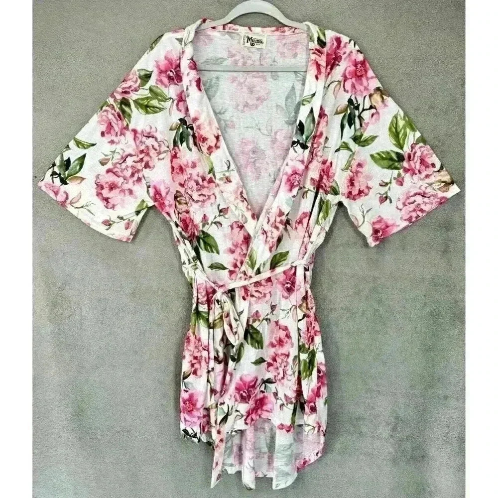 Show Me Your Mumu Brie Robe One Size Floral White Pink Wrap Scoop Kimono Belt - Picture 3 of 9